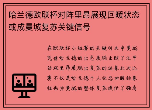 哈兰德欧联杯对阵里昂展现回暖状态或成曼城复苏关键信号 哈兰德欧联杯对阵里昂展现回暖状态或成曼城复苏关键信号